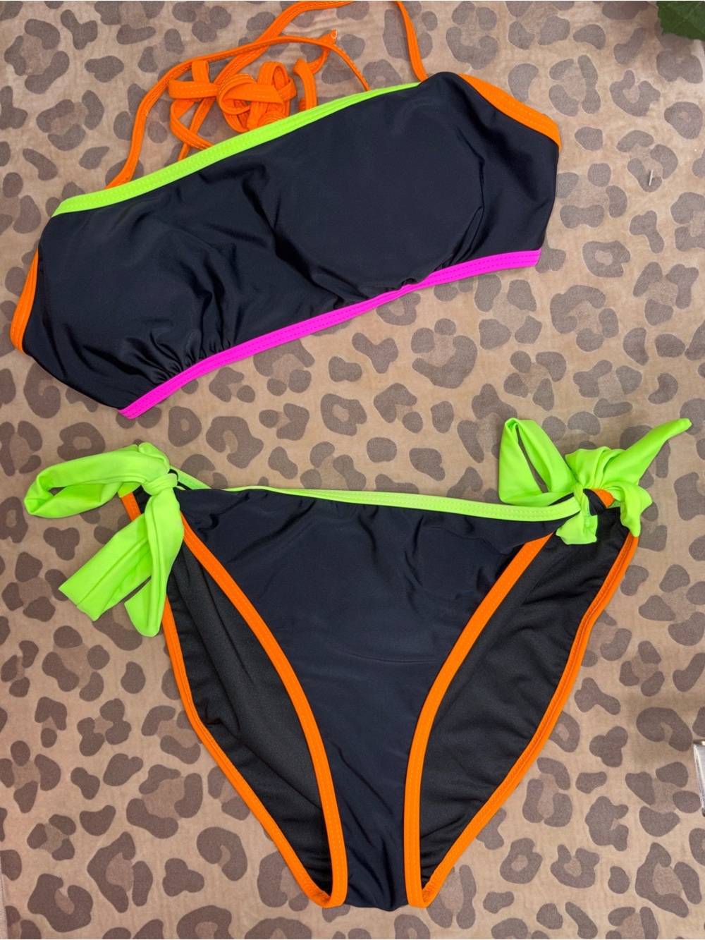 Black Bandeau Bikini Set with Neon Green, Orange & Pink Trim